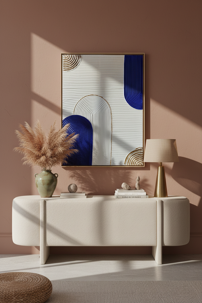 Tableau texturé bleu blanc or arches relief artisanal 30x40cm encadré fait main LOEV DECO