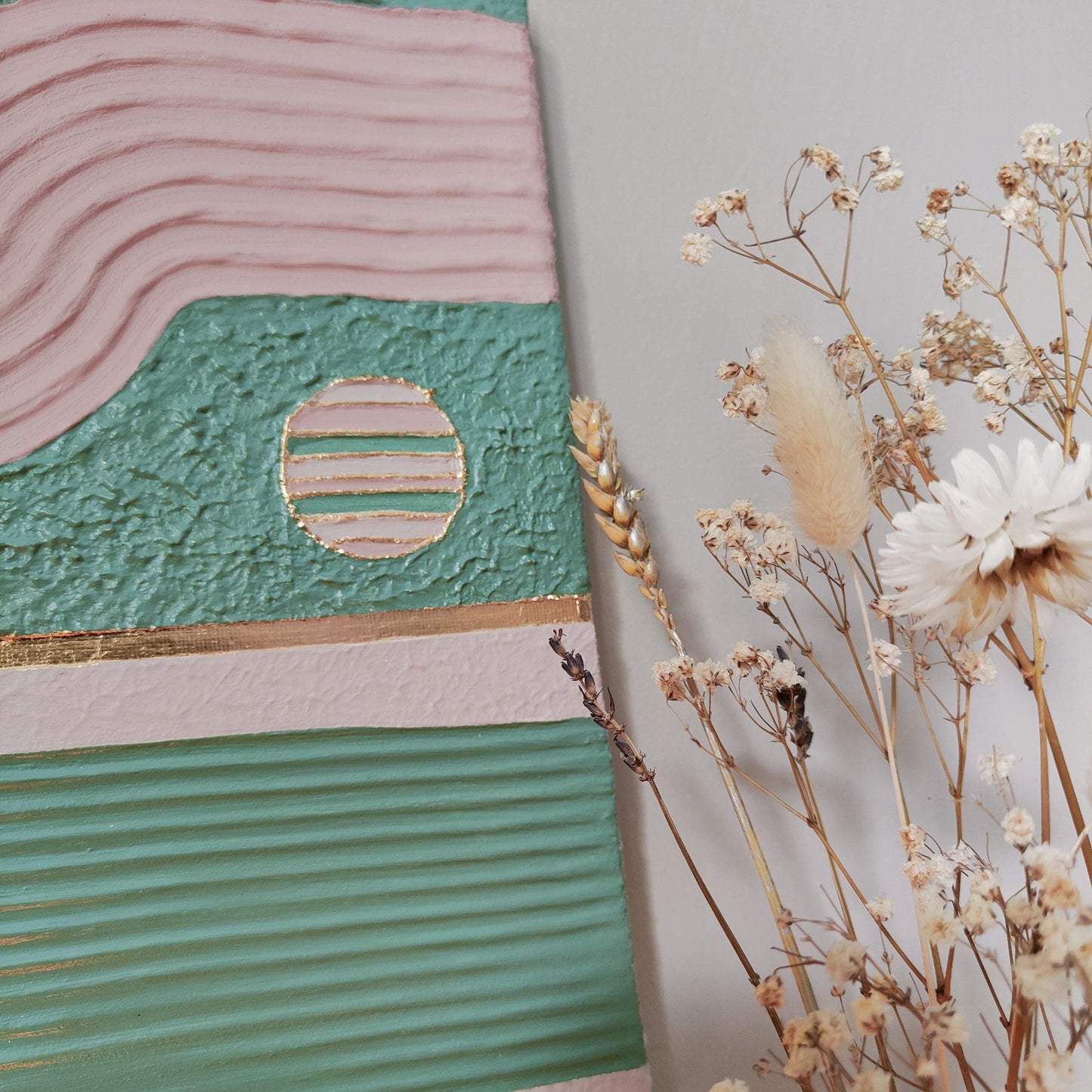Tableau texturé vert rose or arches relief artisanal 24x29cm encadré fait main LOEV DECO