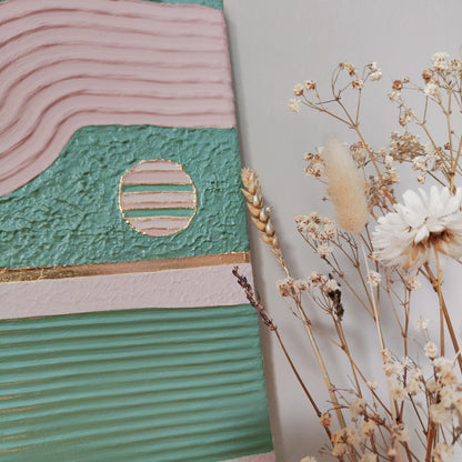 Tableau texturé vert rose or arches relief artisanal 24x29cm encadré fait main LOEV DECO