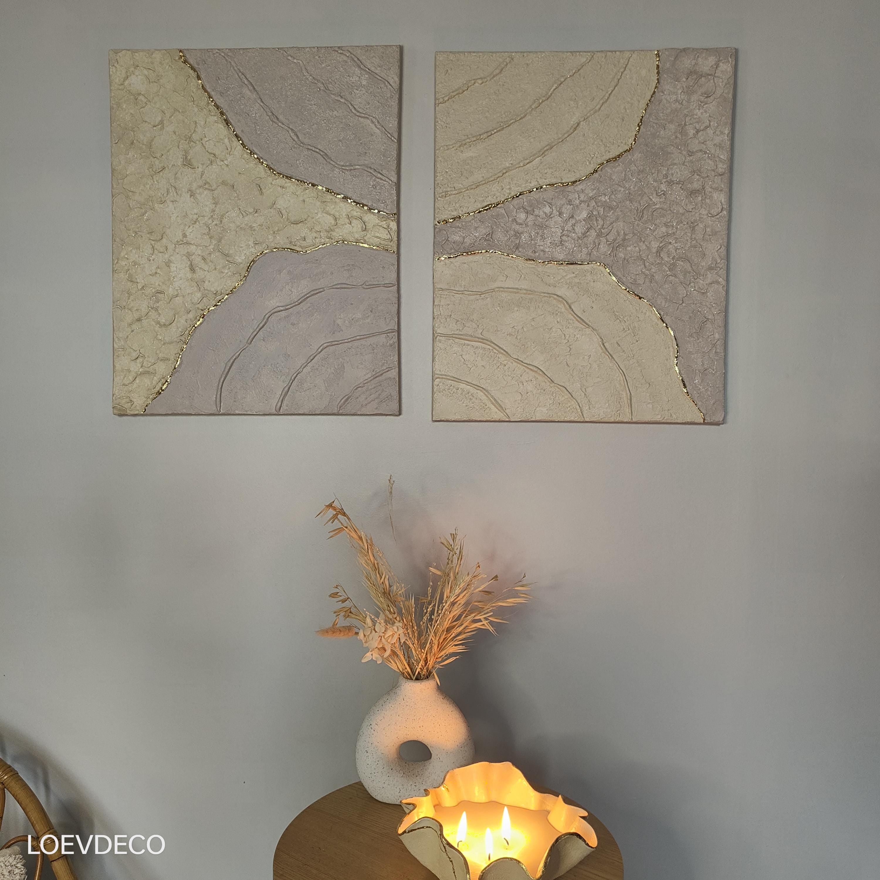 Diptyque texturé beige or relief artisanal 40x50cm décoration élégante France