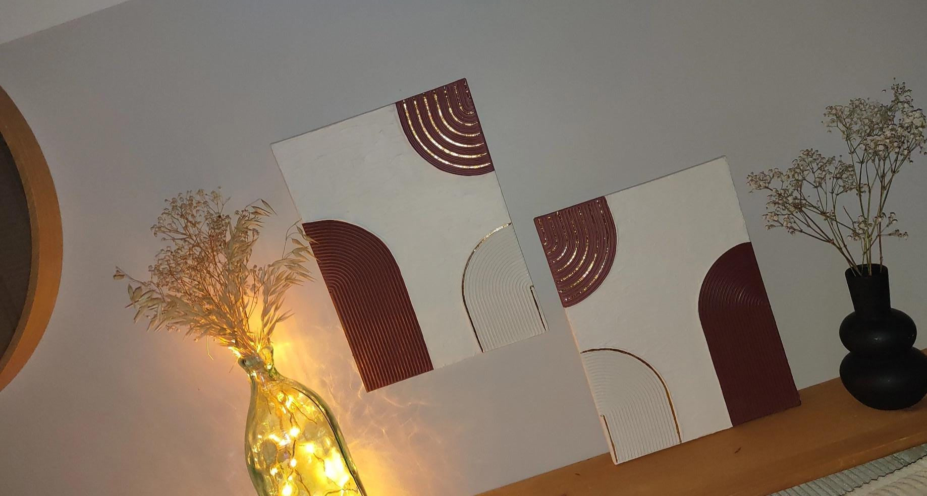 Duo tableaux burgundy beige or arches relief feuille d'or art mural
