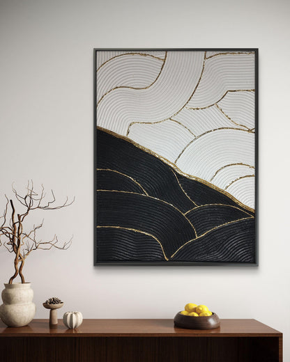 Tableau texturé noir blanc or vagues relief 30x40cm décoration murale