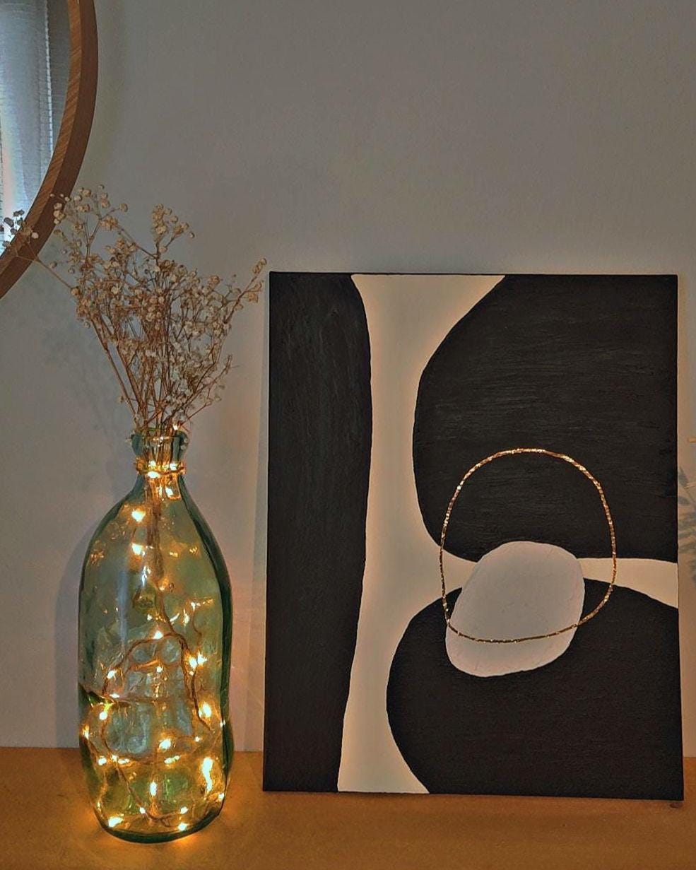 Décoration murale texturée noir beige doré relief organique 40x50cm encadré