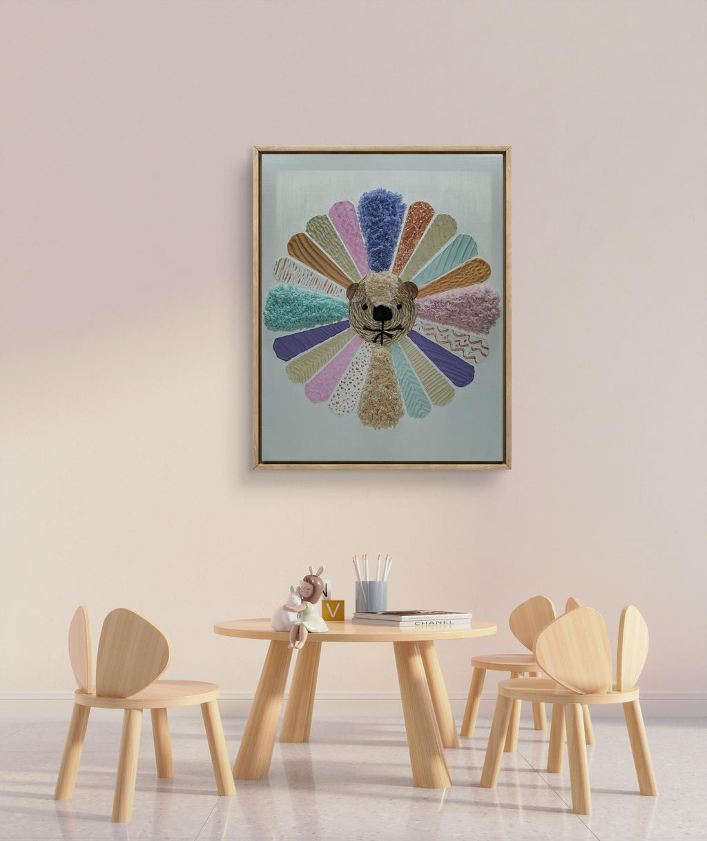 Tableau lion multicolore 24x30 cm cadre bois