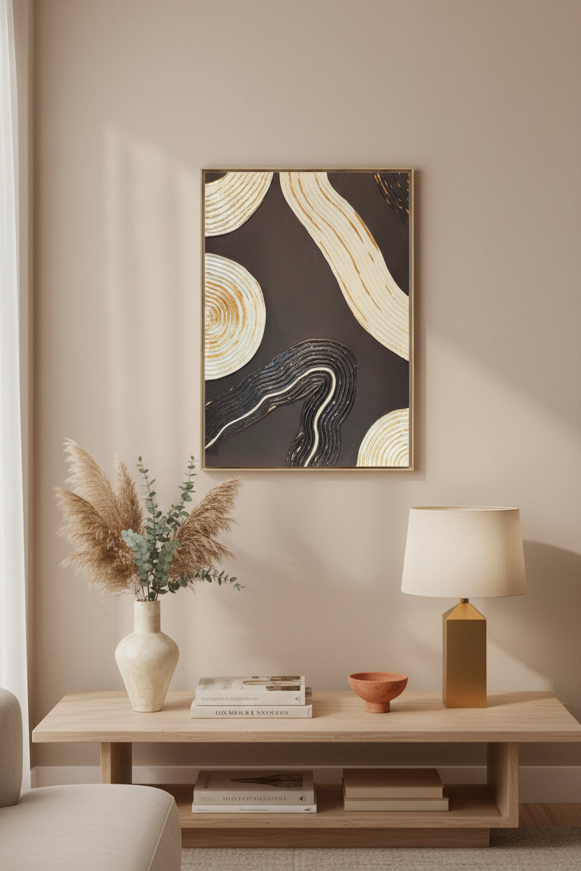 Tableau texturé noir et doré relief artisanal 30x40cm encadré fait main LOEV DECO