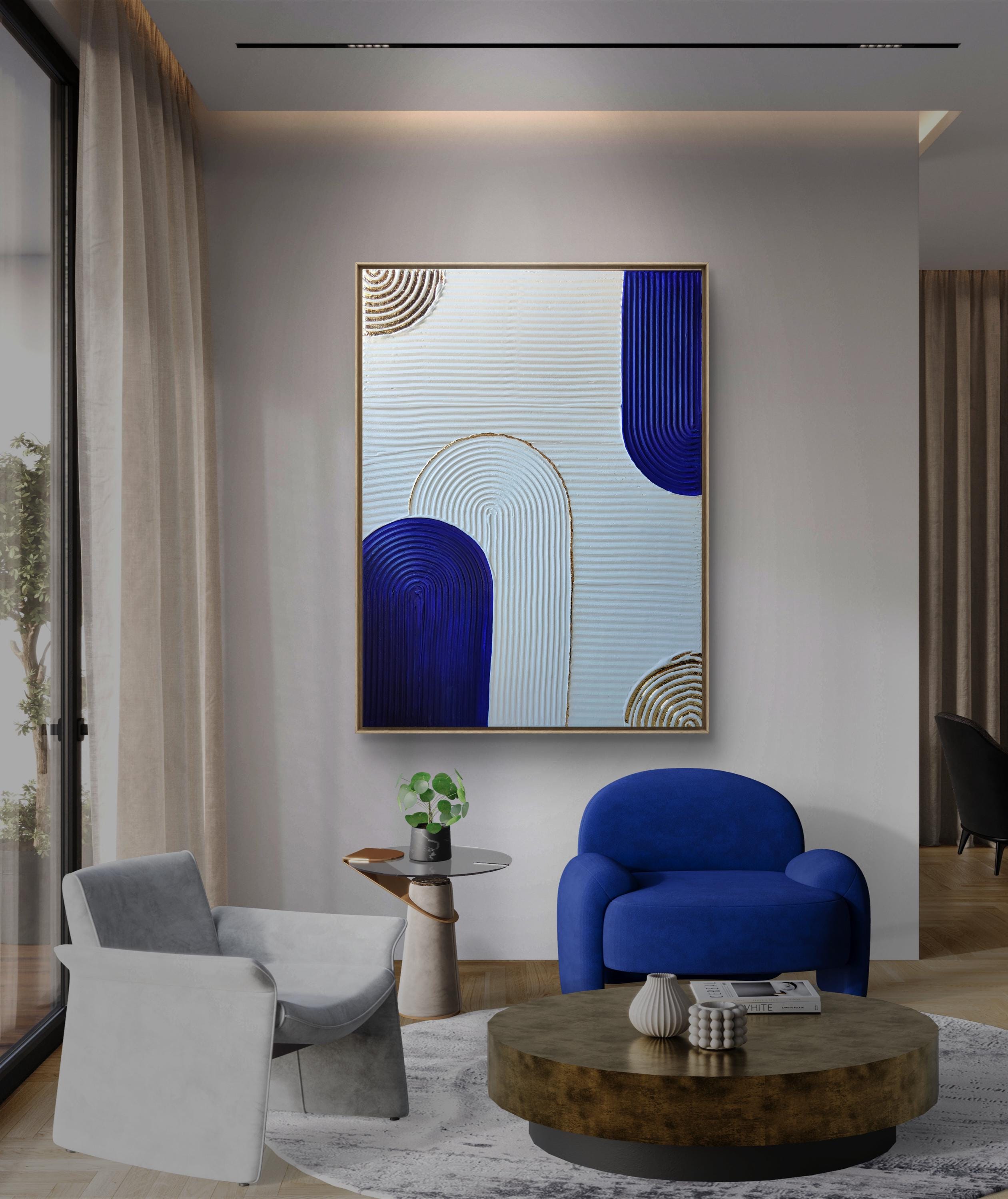 Art mural texturé bleu blanc doré arches relief minimaliste 30x40cm encadré France