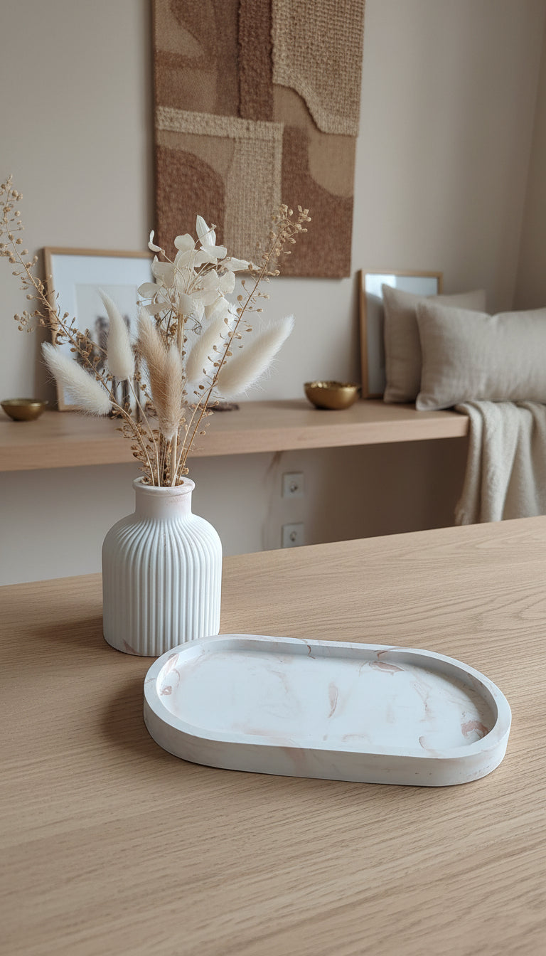 Plateau vase céramique texturé rosé cuivré avec fleurs séchées - fait main France LOEV DECO
