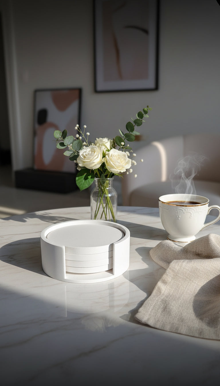 Ensemble Dessous de Verre Blanc avec Support - 4 Sous-Verres Céramique Rond