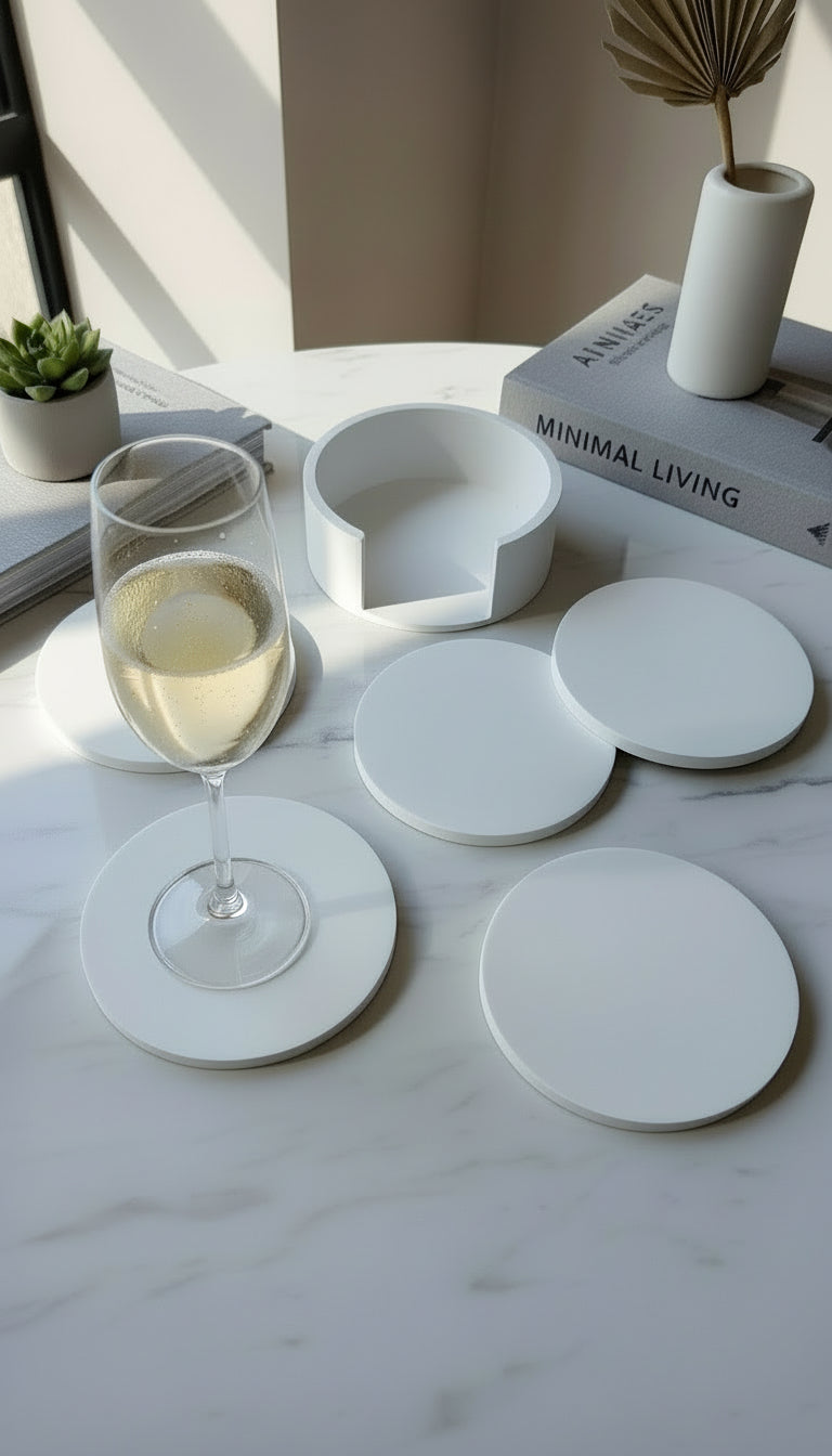 nsemble dessous de verre artisanal en céramique blanche avec support, fait main en France