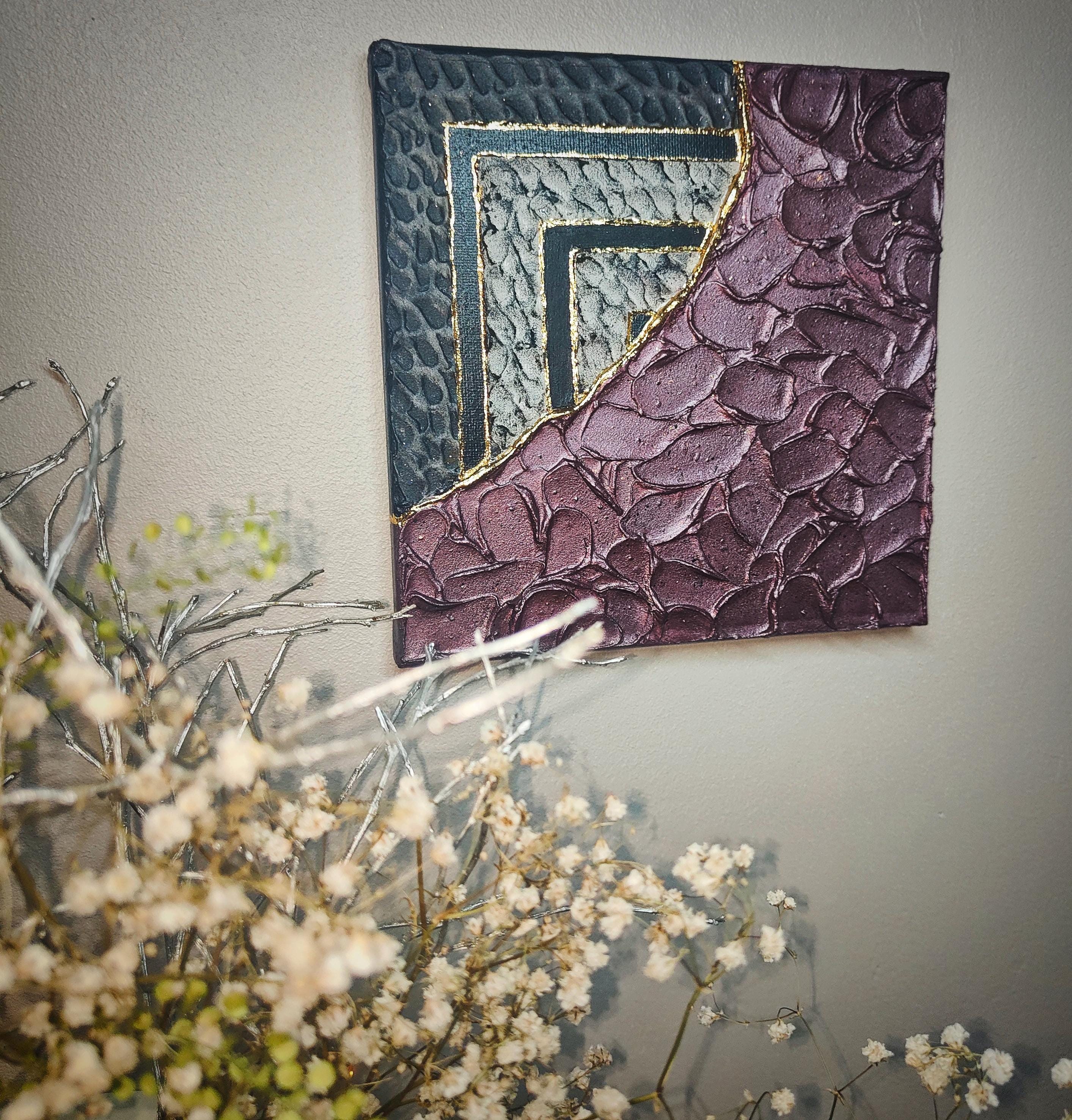 Tableau texturé relief prune noir or 20x20cm encadré fait main LOEV DECO