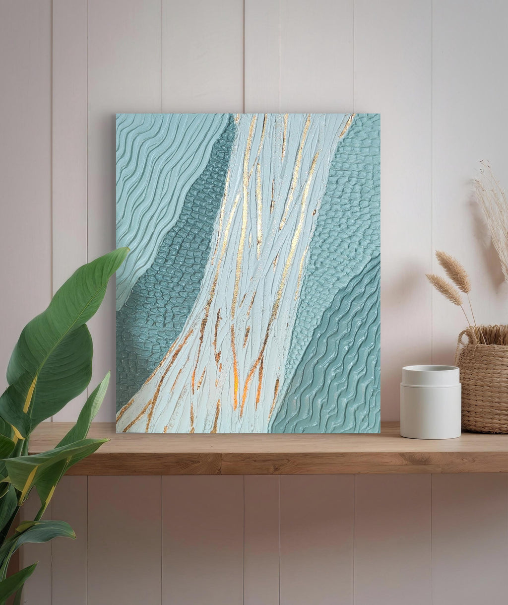 Art mural texturé vert doré relief minimaliste 24x29cm encadré France