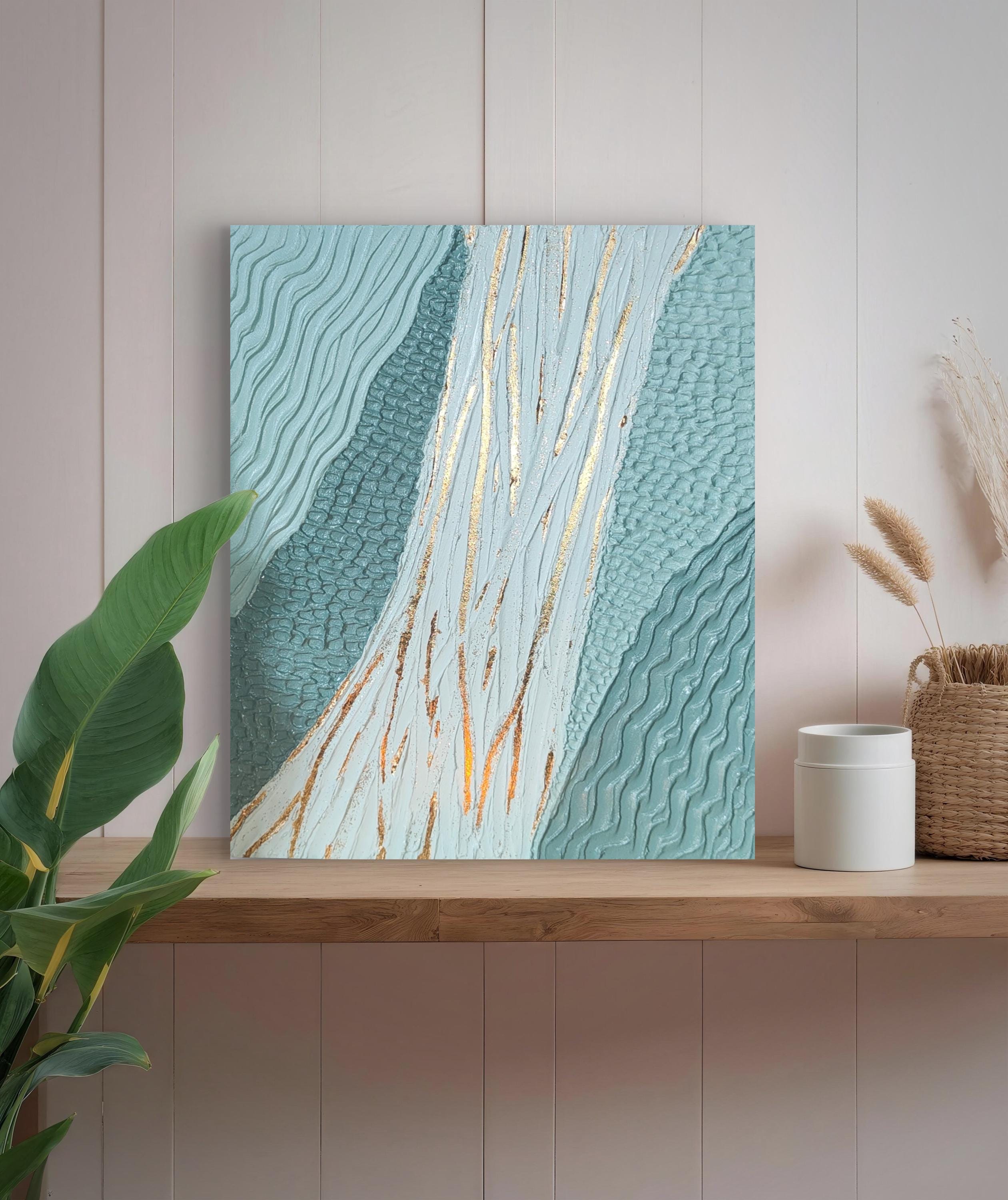 Art mural texturé vert doré relief minimaliste 24x29cm encadré France