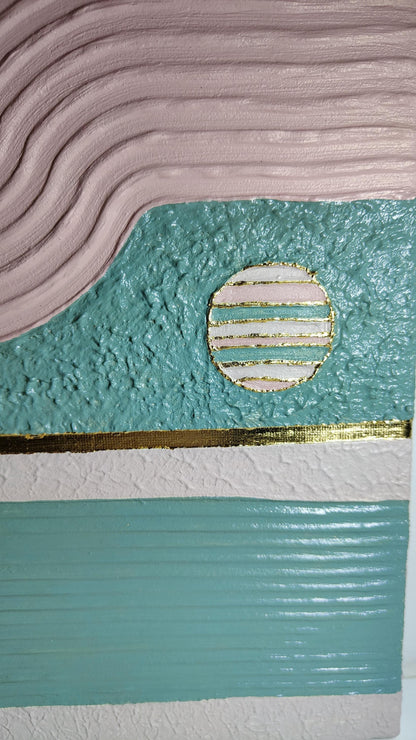 Art mural texturé arches vert rose doré relief minimaliste 24x29cm encadré France
