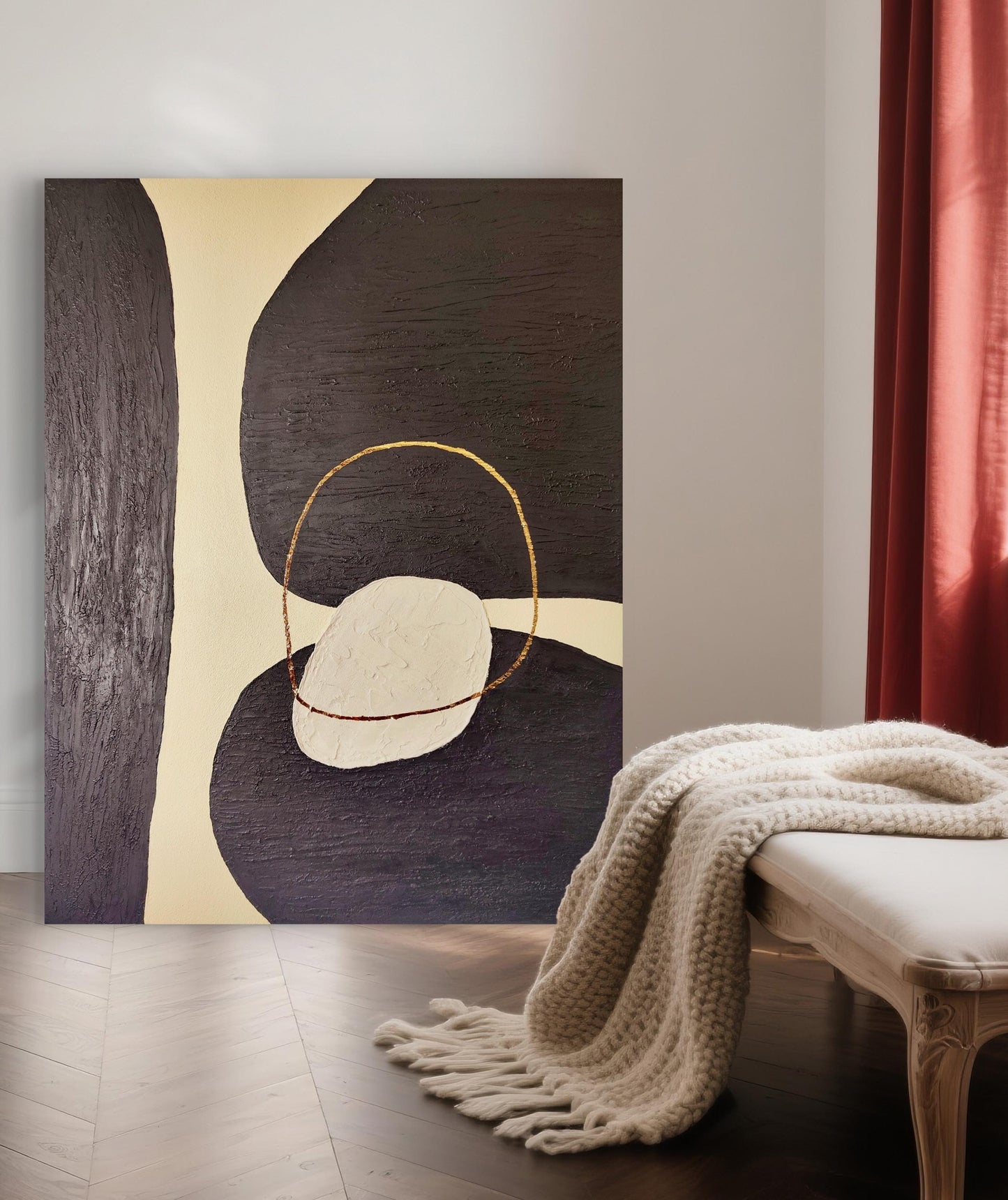 Tableau noir beige or relief organique artisanal 40x50cm texture fait main France LOEV