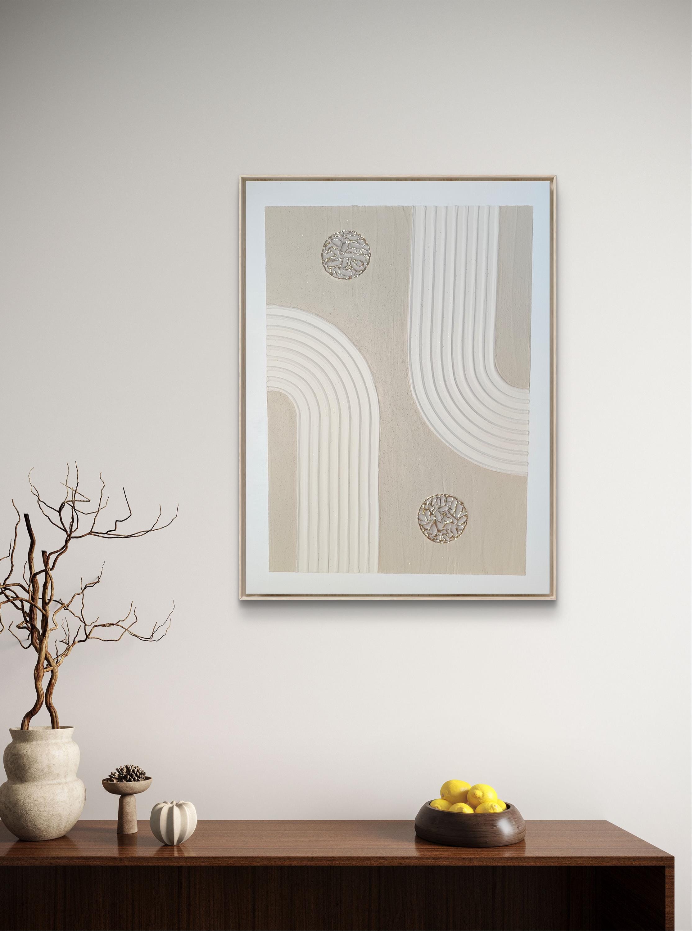 Tableau texturé beige doré arches relief 30x40 cm - vue d'ensemble avec cadre - décoration murale élégante fait main France
