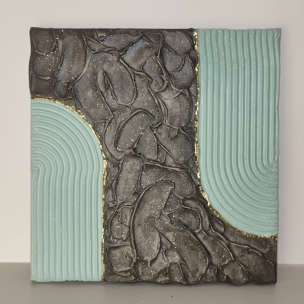 Vue de face toile Arche relief céladon et feuille d'or — LOEV DECO 🖤