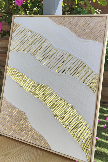 Peinture texturée blanc beige or relief design 40x50cm cadre noir inclus LOEV