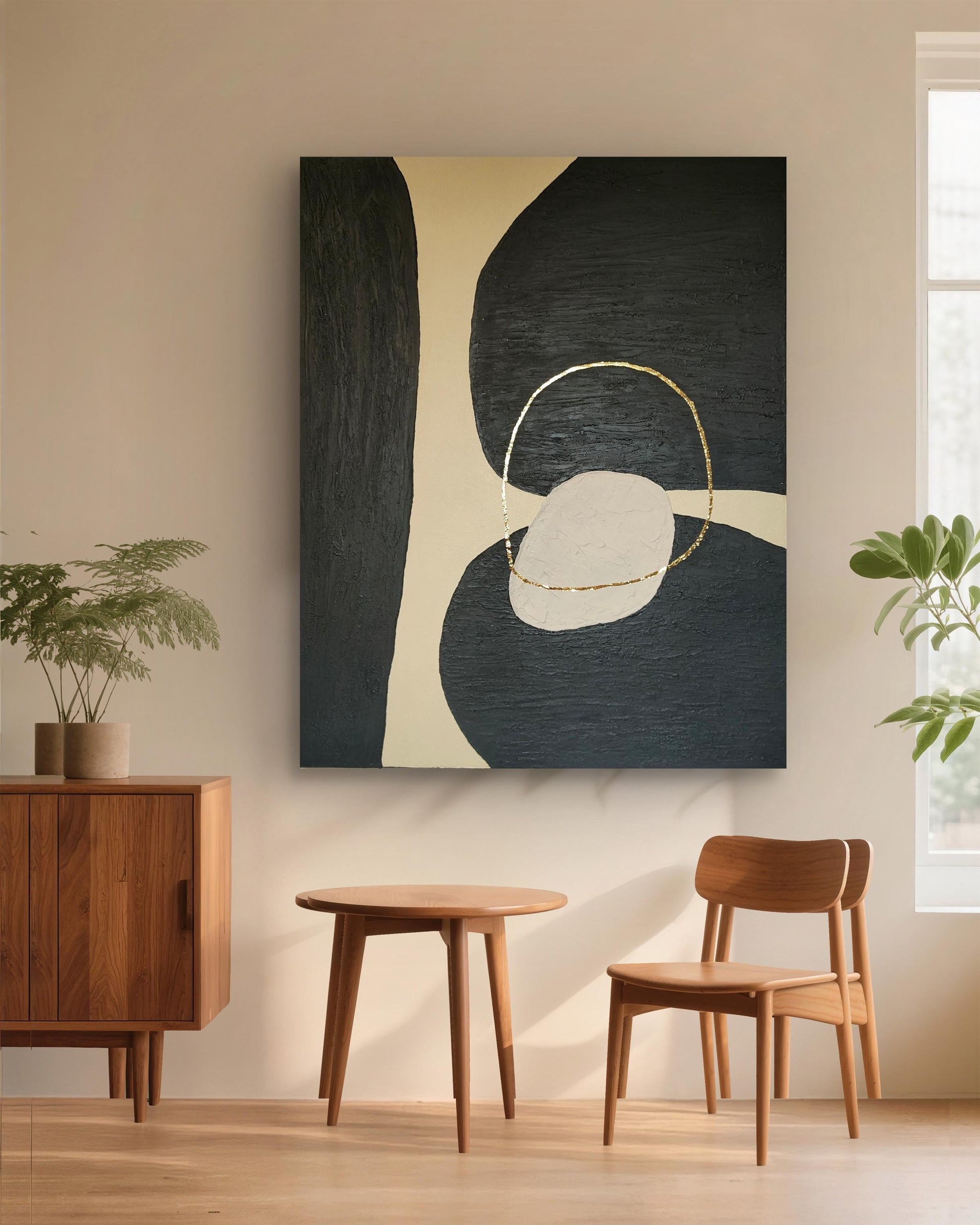 Tableau relief noir beige doré texture organique 40x50cm art mural encadré premium