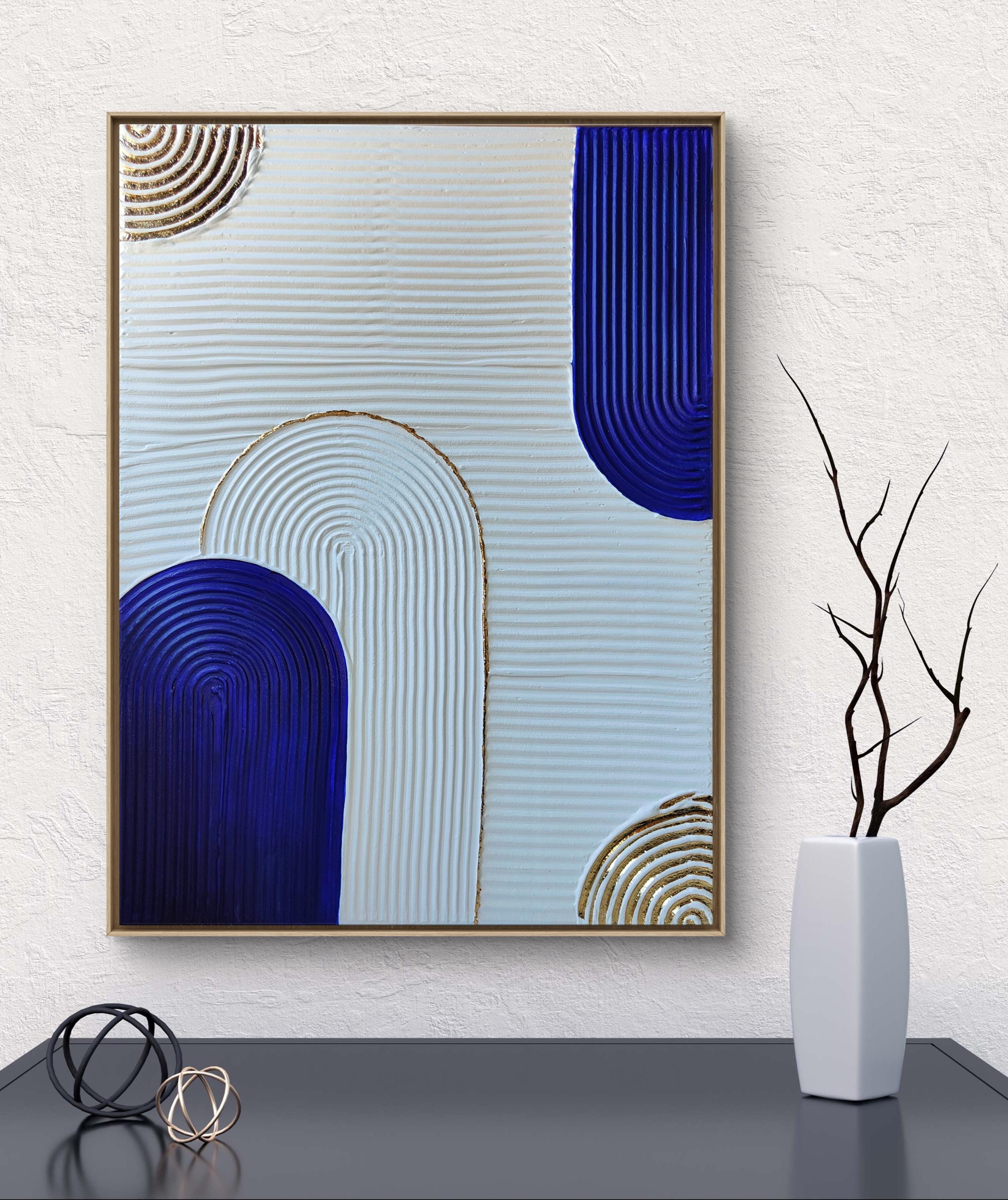 Détail relief plâtre bleu blanc feuille d'or arches texture murale 30x40cm cadre inclus