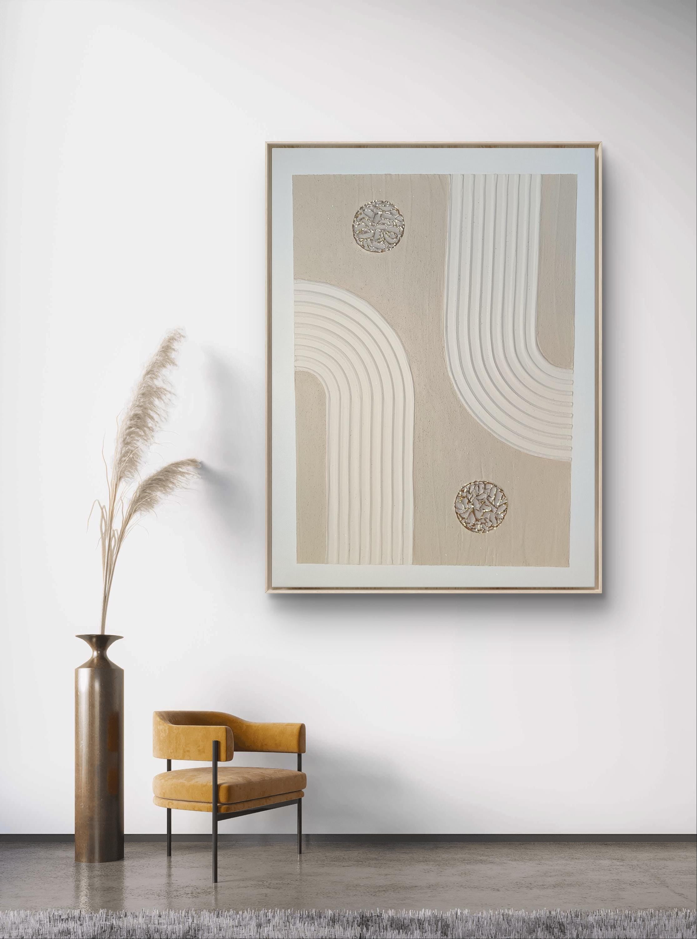 Tableau texturé beige doré arches relief 30x40 cm - détail texture plâtre et feuille d'or - art mural moderne LOEV DECO
