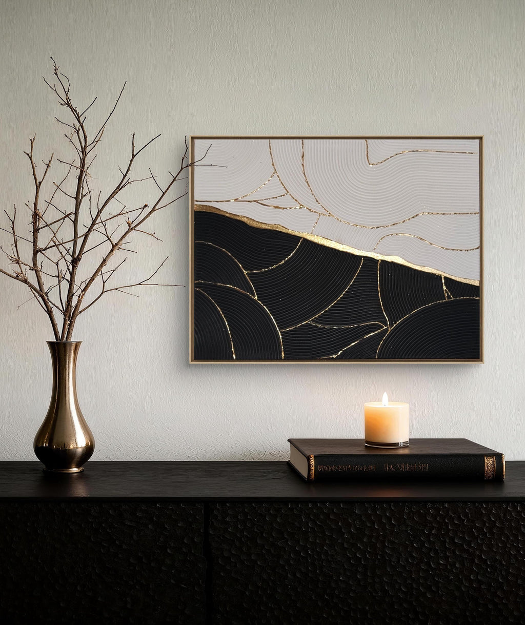 Art mural texturé noir blanc or vagues relief 50x40 cm - Décoration intérieure moderne cadre noir inclus
