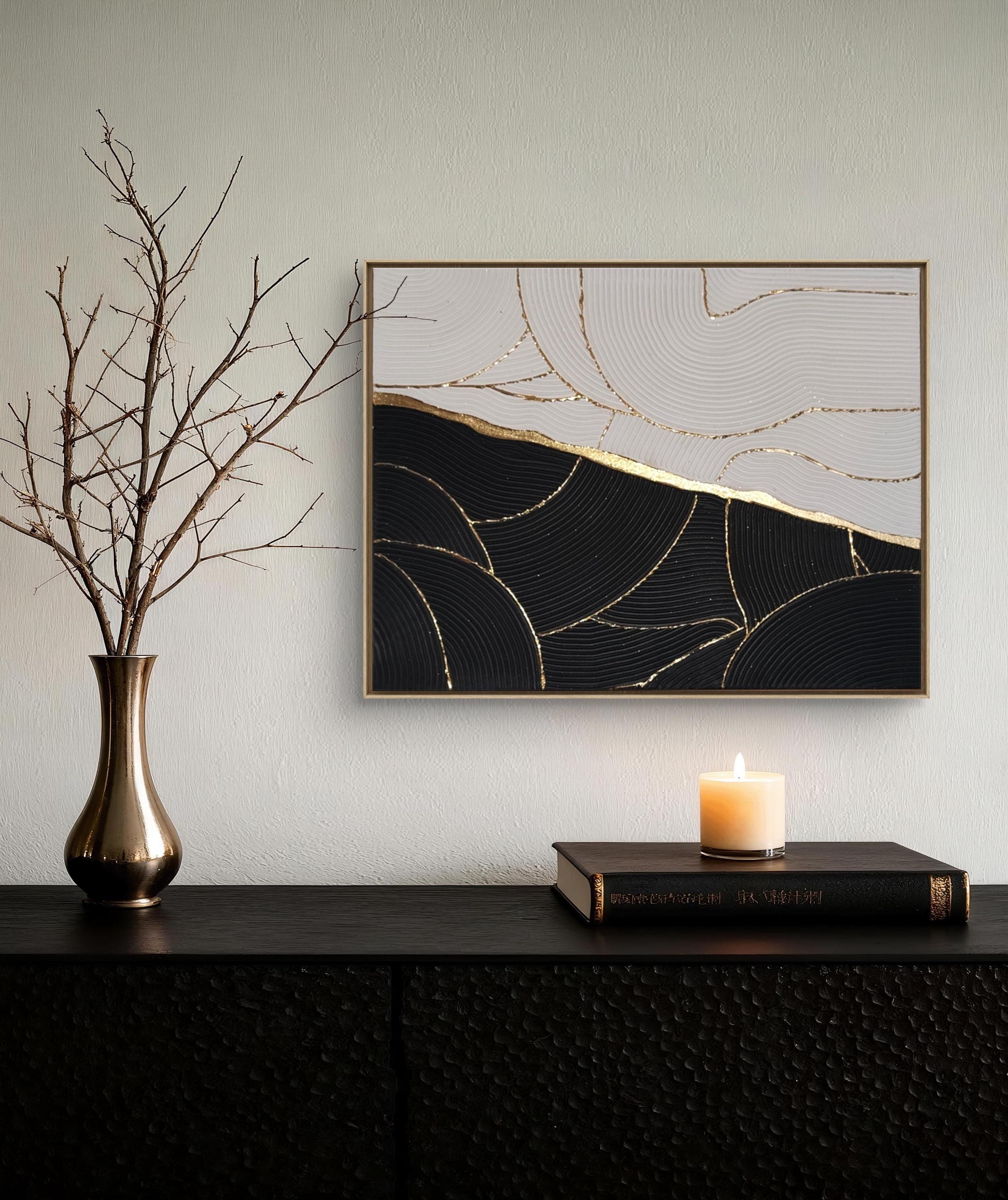 Art mural texturé noir blanc or vagues relief 50x40 cm - Décoration intérieure moderne cadre noir inclus
