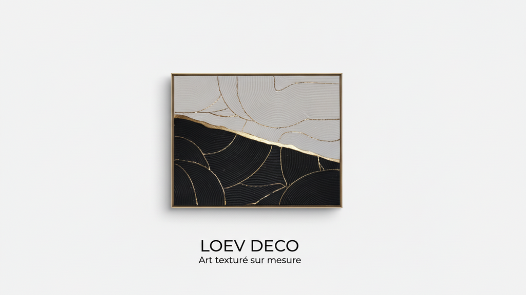 Art mural texturé vagues noir blanc or - Décoration intérieure chic et élégante - Tableau sur mesure dimension et encadrement au choix du client
