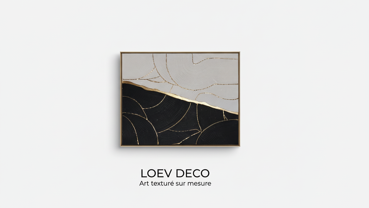 Art mural texturé vagues noir blanc or - Décoration intérieure chic et élégante - Tableau sur mesure dimension et encadrement au choix du client
