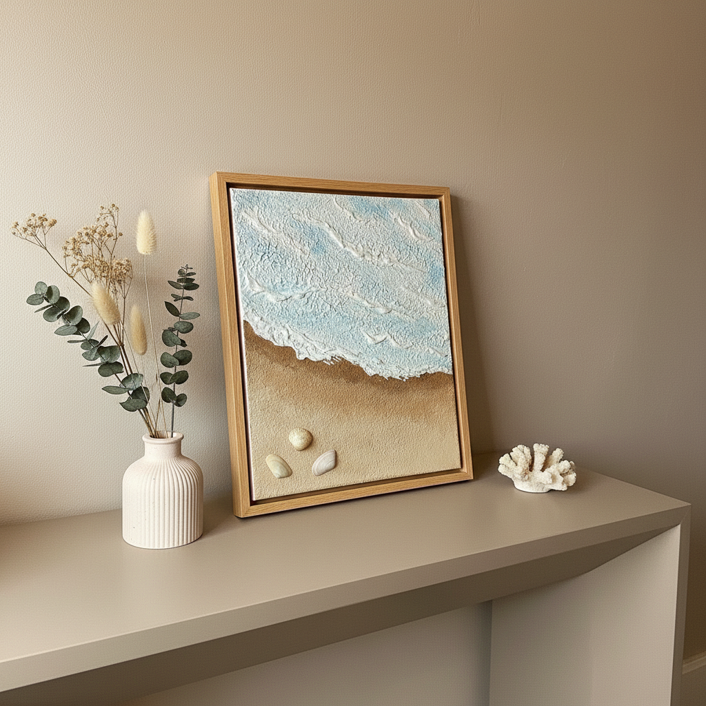 Tableau Texturé Bleu Sable - Mer Coquillage Relief - 24x29 cm - Cadre Inclus