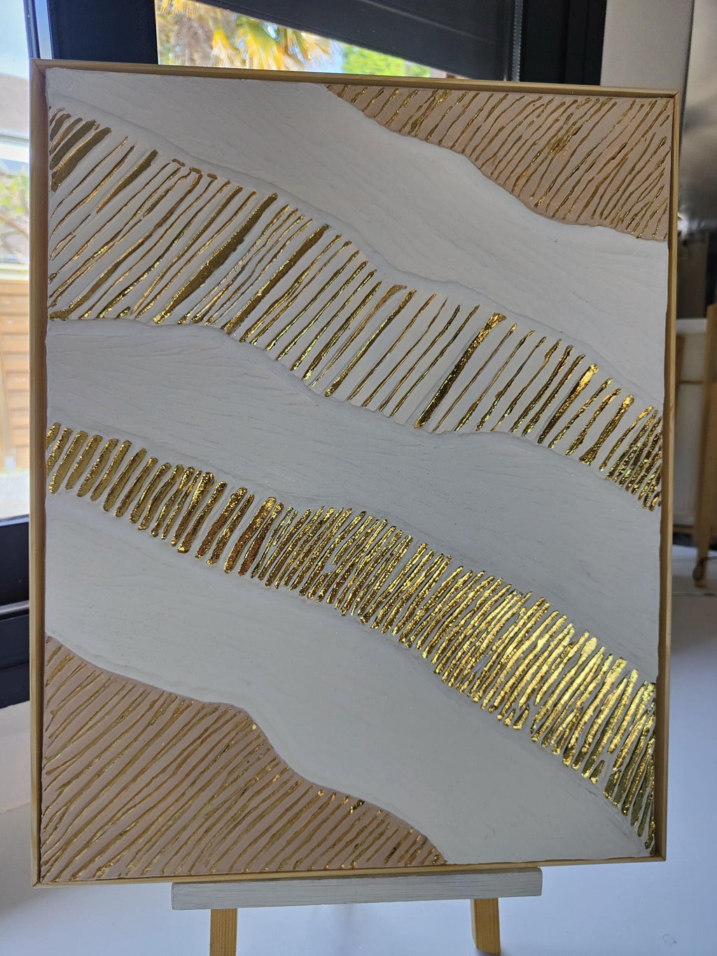 Art mural texturé blanc beige doré relief minimaliste 40x50cm encadré France