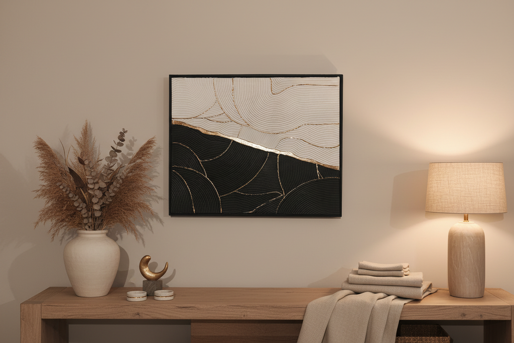 Décoration intérieure moderne - Tableau en relief noir blanc or vagues 50x40 cm fait main sur mesure - Art mural texturé LOEV DECO
