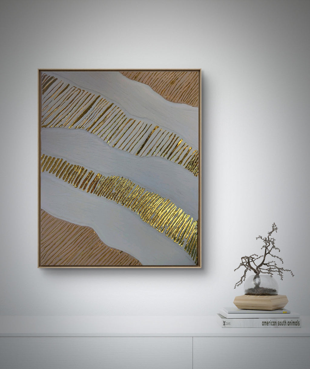 Décoration murale texturée blanc beige doré relief 40x50cm encadré sophistiqué
