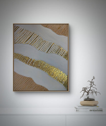 Décoration murale texturée blanc beige doré relief 40x50cm encadré sophistiqué