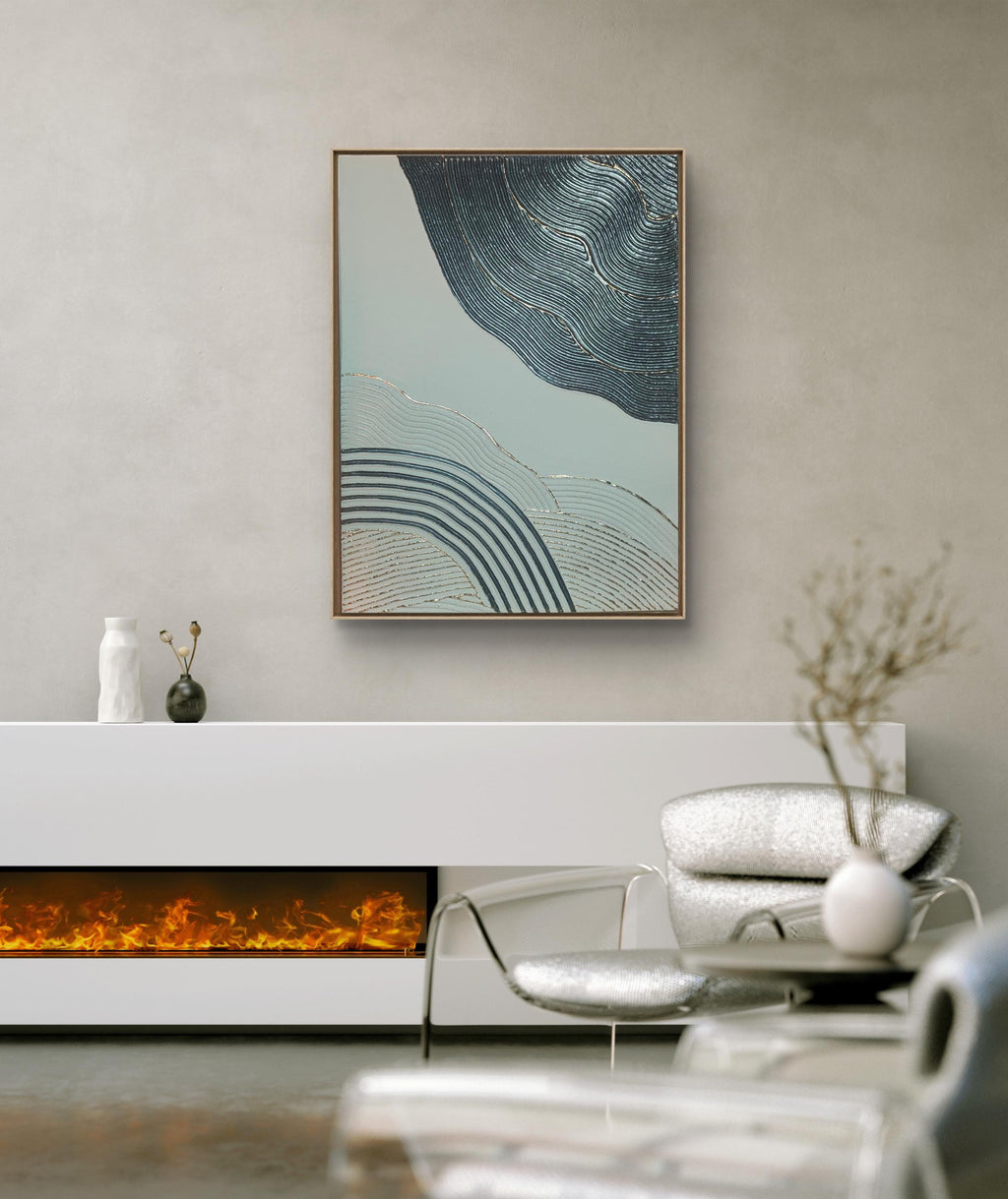 oeuvre mural abstrait et relief pièce unique feuille d'or bleu loev deco