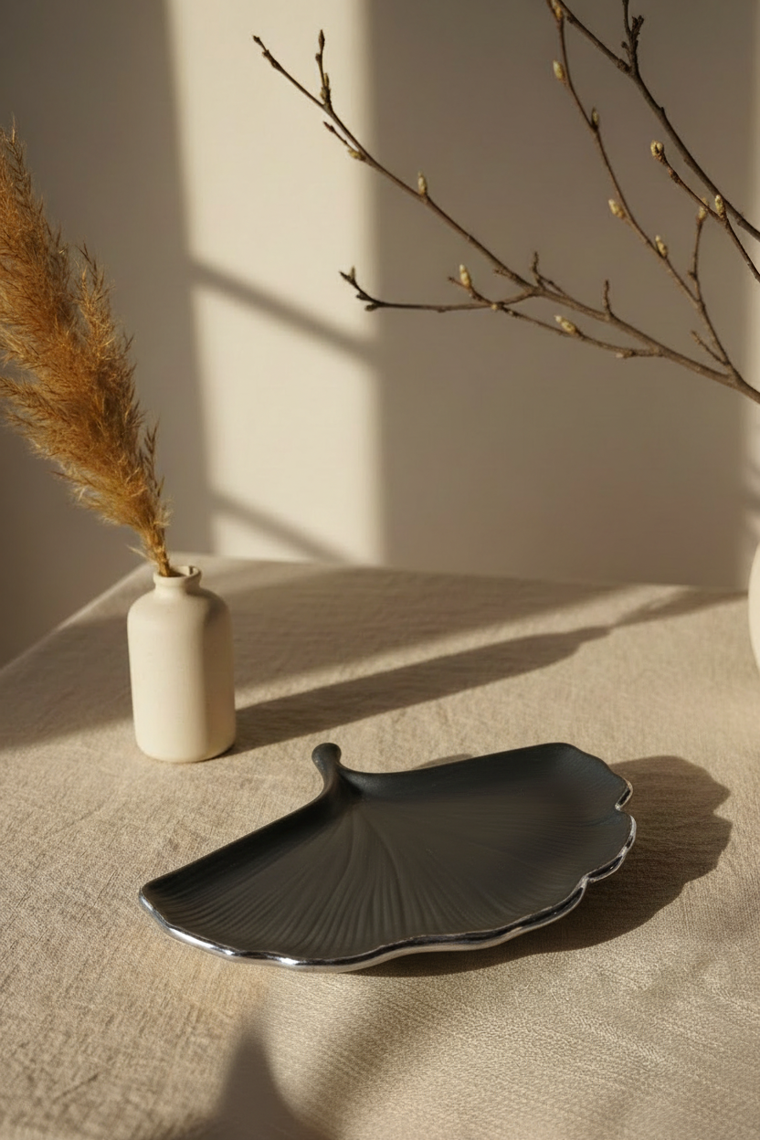plateau vide poche feuille noir et feuille d'argent - objet deco chic