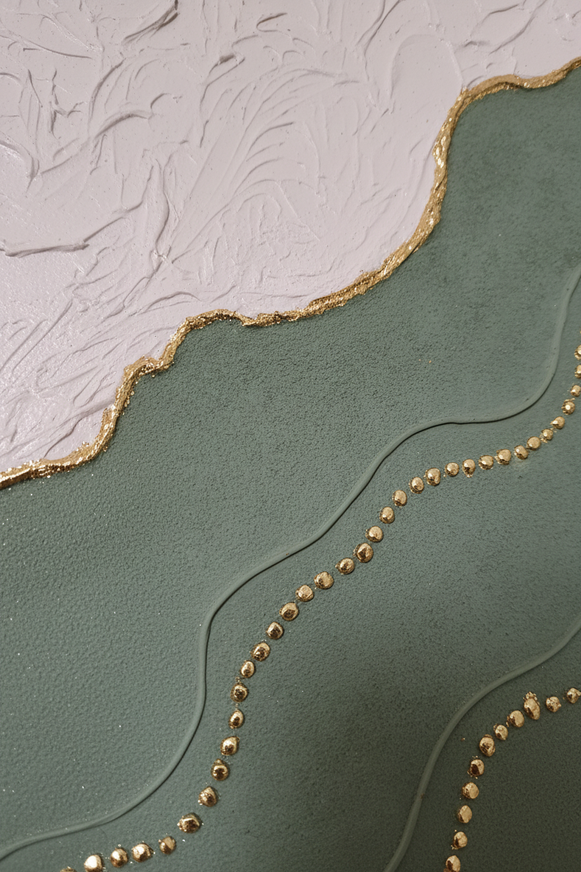 Détail macro texture et feuille d'or sur tableau artisanal vert kaki – LOEV DECO