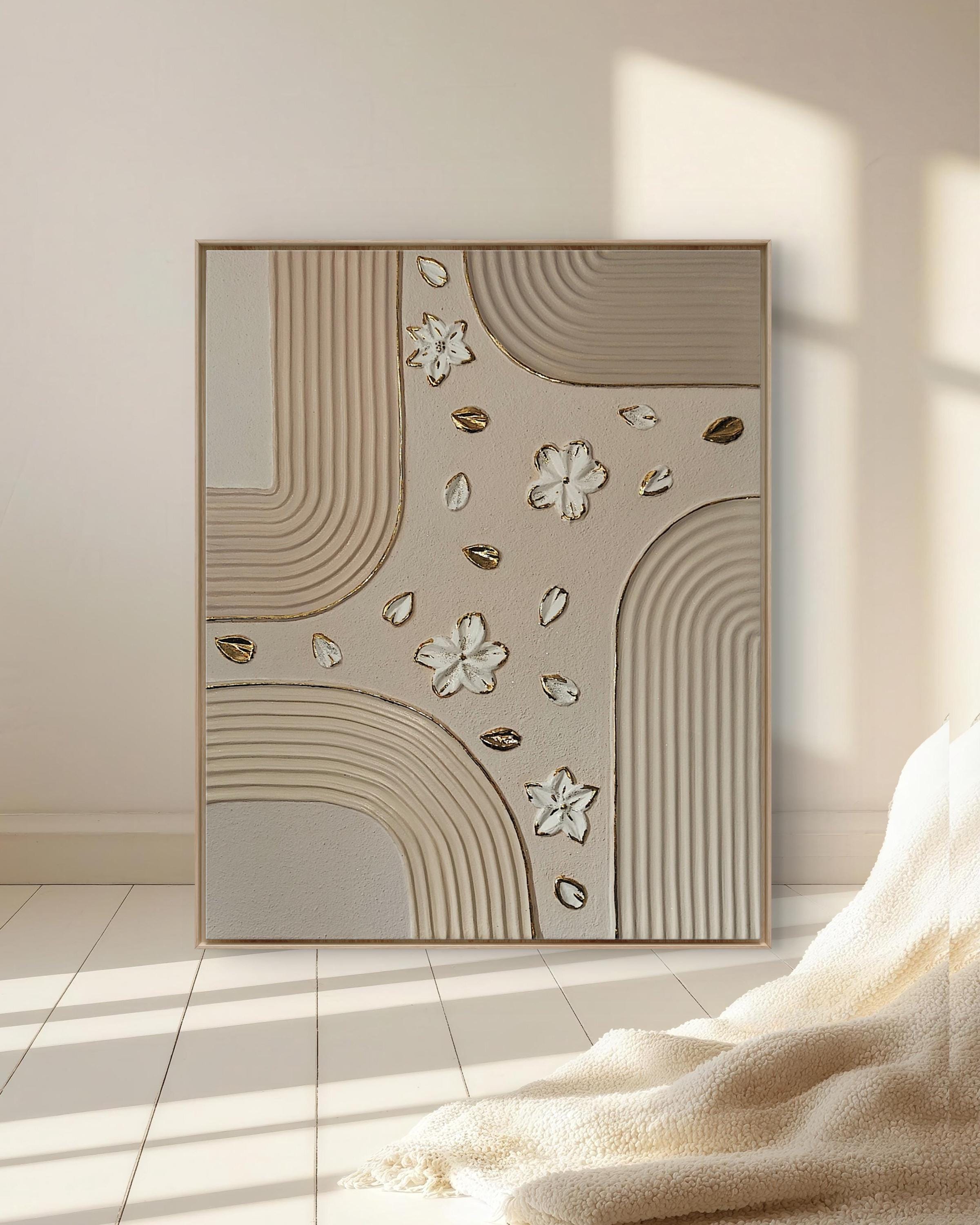 Tableau texturé beige or arches fleurs relief 40x50cm fait main LOEV DECO
