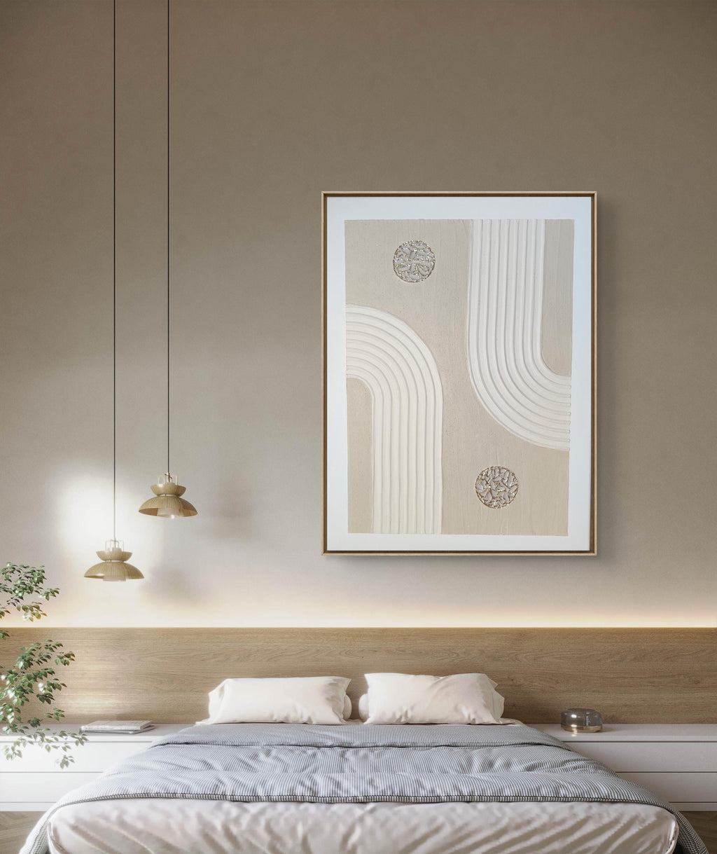 Tableau texturé beige doré arches relief 30x40 cm - mise en situation décoration intérieure - art mural premium cadre inclus
