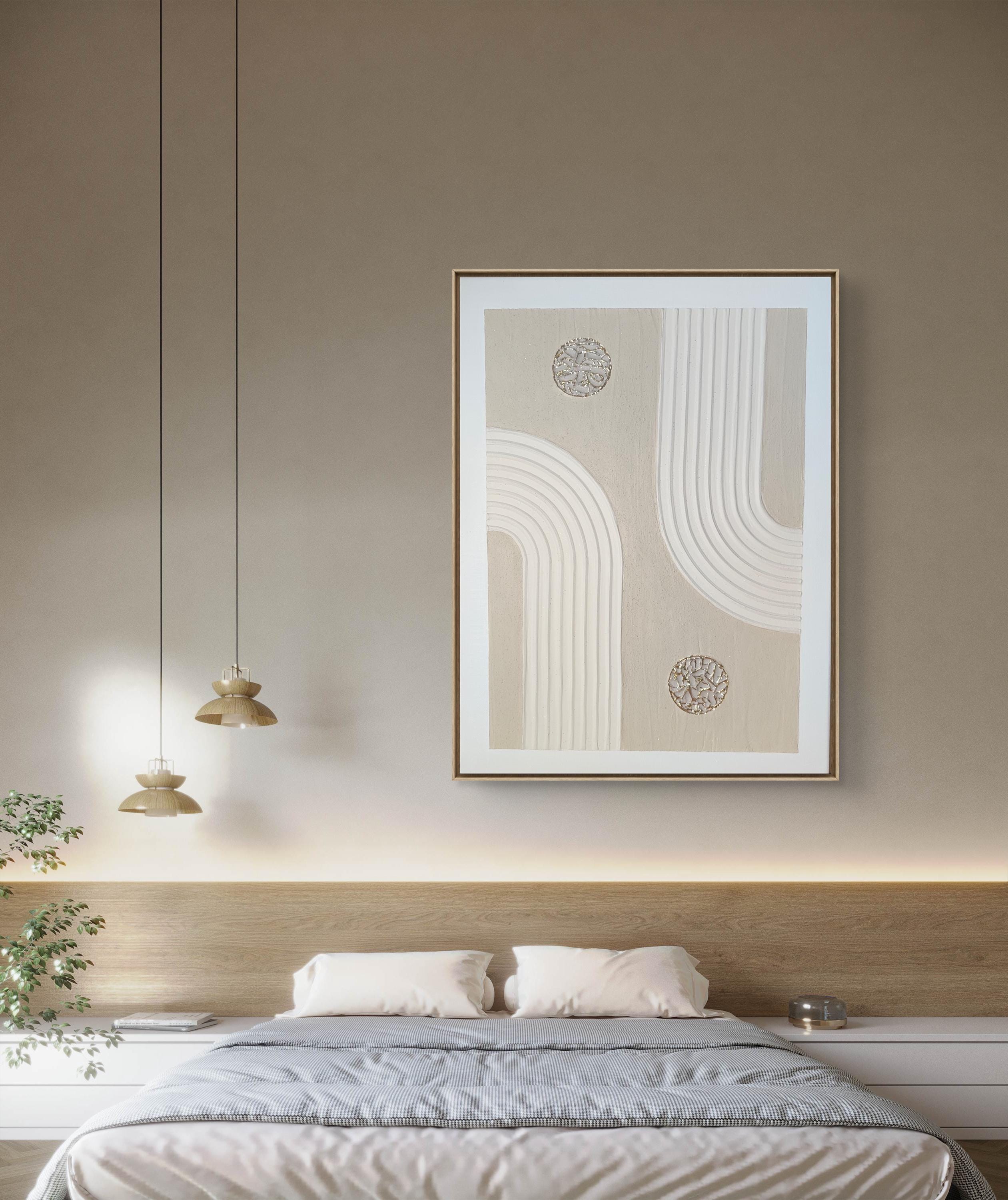 Tableau texturé beige doré arches relief 30x40 cm - mise en situation décoration intérieure - art mural premium cadre inclus
