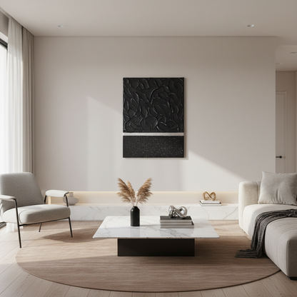 Art mural texturé noir argent relief 30x40 cm - Détail texture plâtre fait main - Décoration murale moderne cadre inclus
