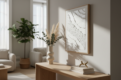 Tableau texturé blanc iridescent relief matière 30x40cm cadre inclus fait main LOEV DECO