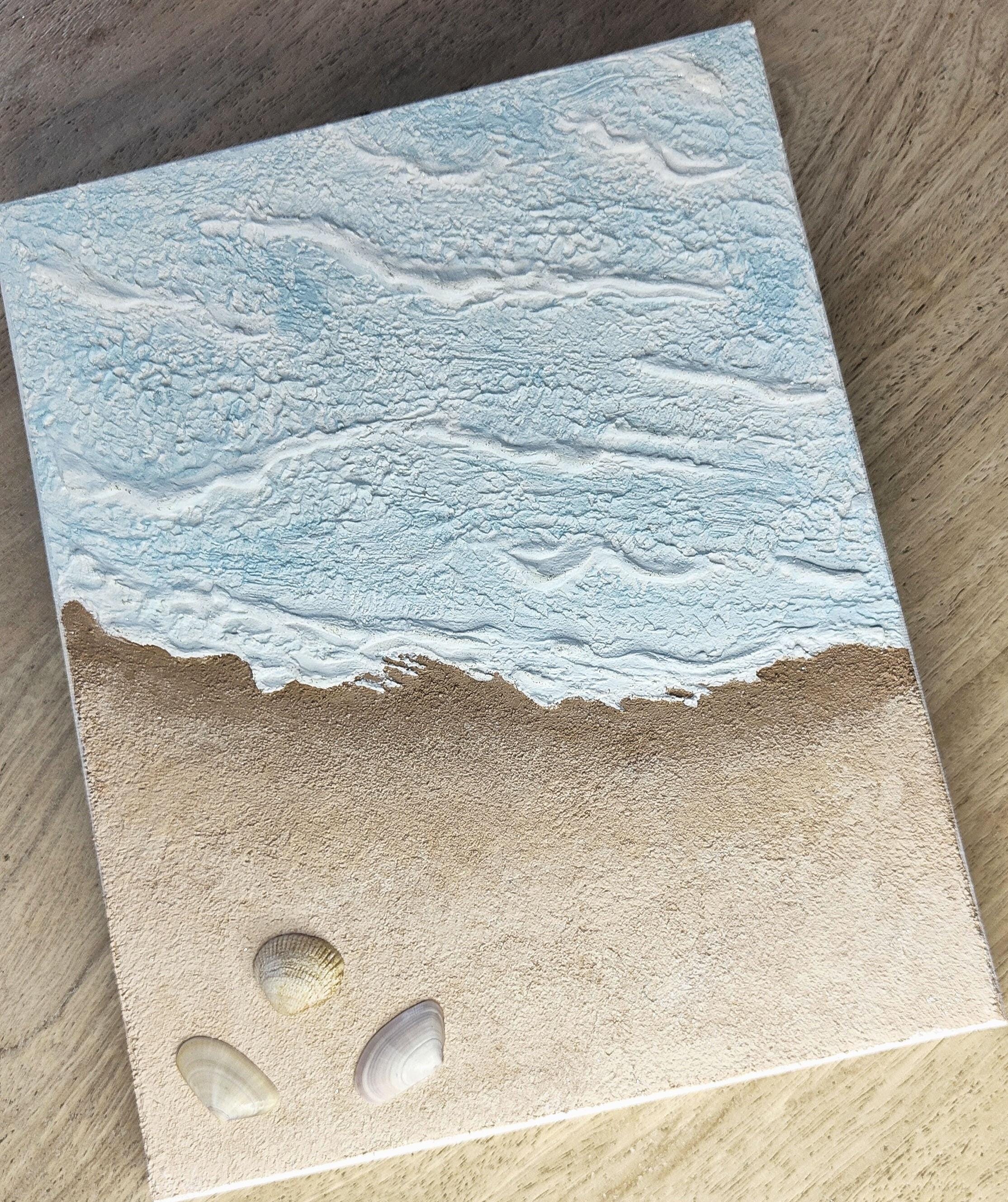 Tableau Texturé Bleu Sable - Mer Coquillage Relief - 24x29 cm - Cadre Inclus