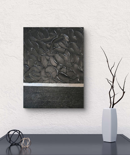 Tableau décoratif noir argent relief 30x40 cm - Art mural texturé artisanal fait main France - Décoration murale élégante LOEV DECO
