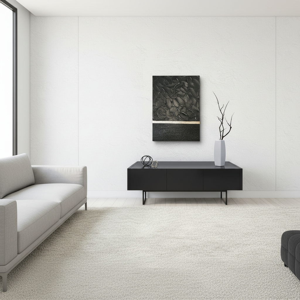 Art mural texturé noir argent relief 30x40 cm - Décoration murale moderne pièce unique - Tableau élégant cadre inclus
