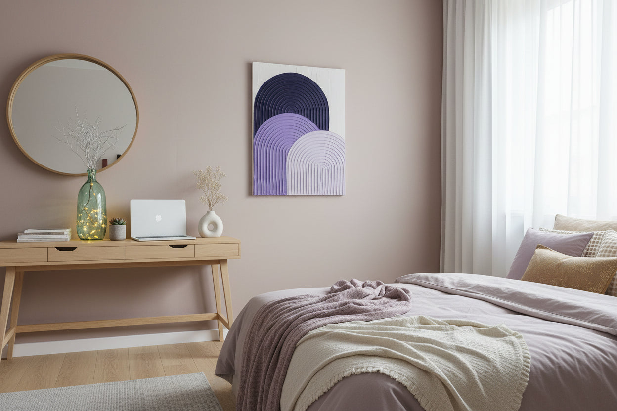 Tableau en relief violet blanc arches 30x40 cm - Détail texture plâtre fait main - Décoration intérieure chambre salon sur mesure

