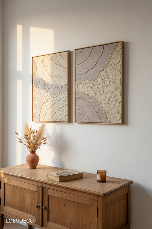 Diptyque 2 tableaux texturés beige or relief brillance 40x50cm fait main LOEV DECO
