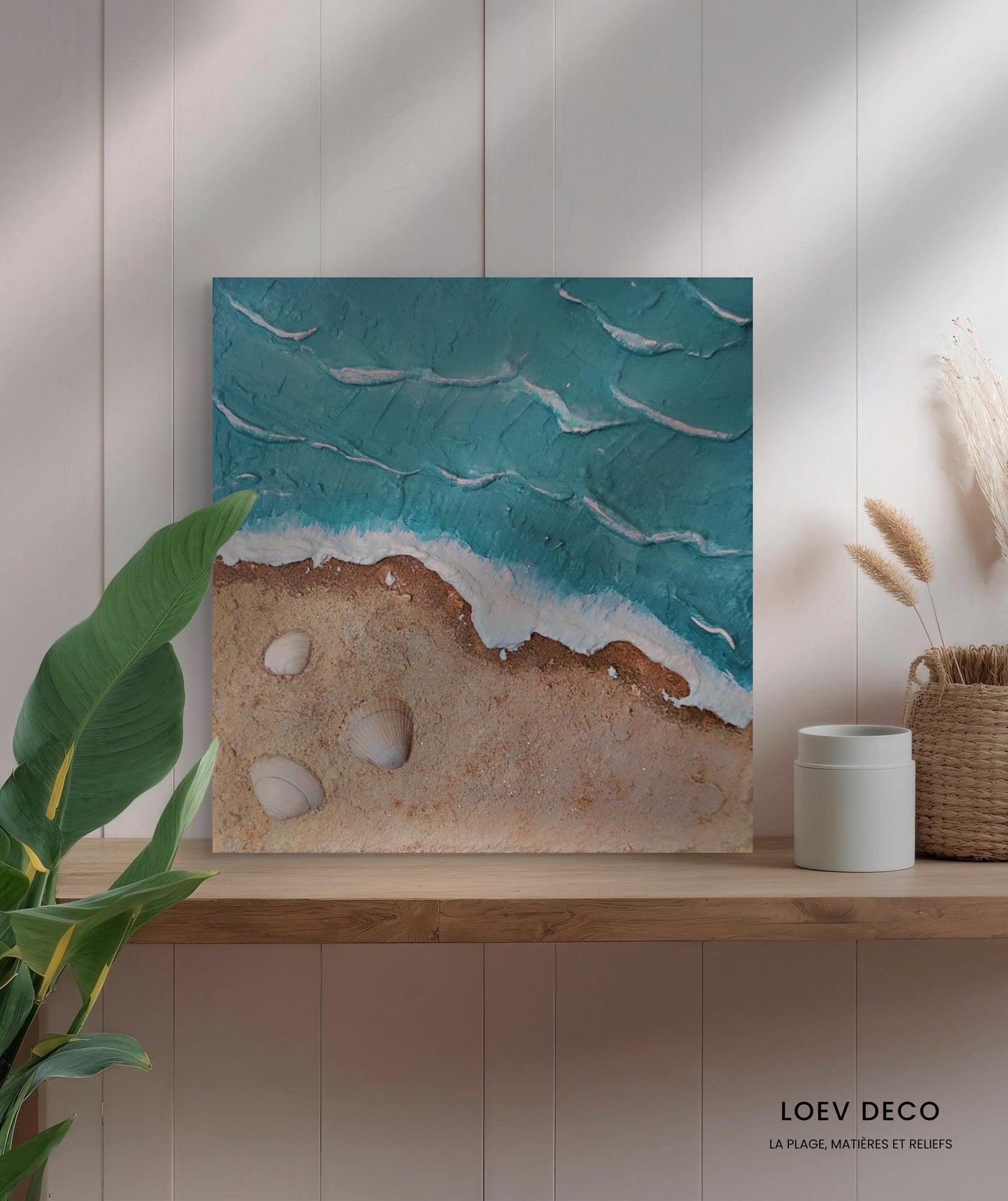 Tableau texturé plage relief 20x20cm turquoise beige fait main LOEV DECO