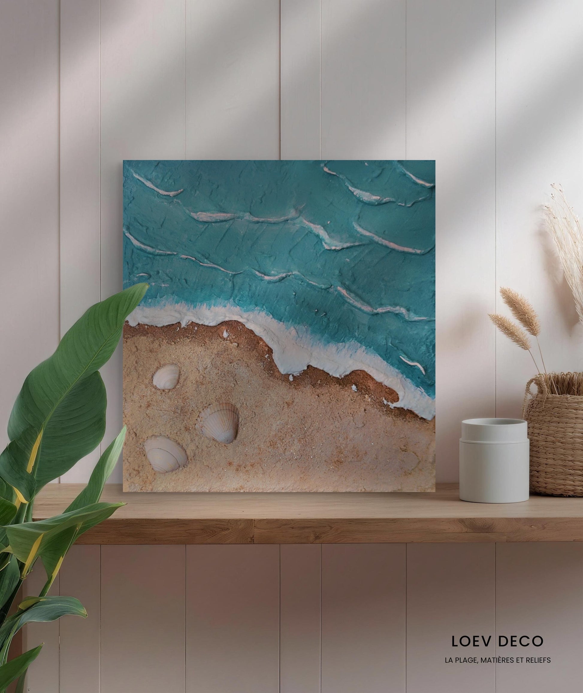 Tableau texturé plage relief 20x20cm turquoise beige fait main LOEV DECO
