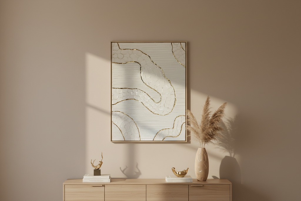 Tableau décoratif blanc or relief texture artisanale 30x40cm cadre bois LOEV DECO