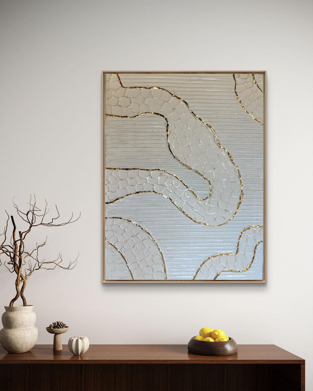 Tableau décoratif blanc or relief artisanal texture fait main 30x40cm